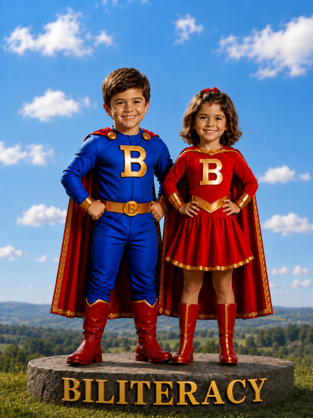 Two children dressed as superheroes standing on a pedestal labeled Biliteracy
