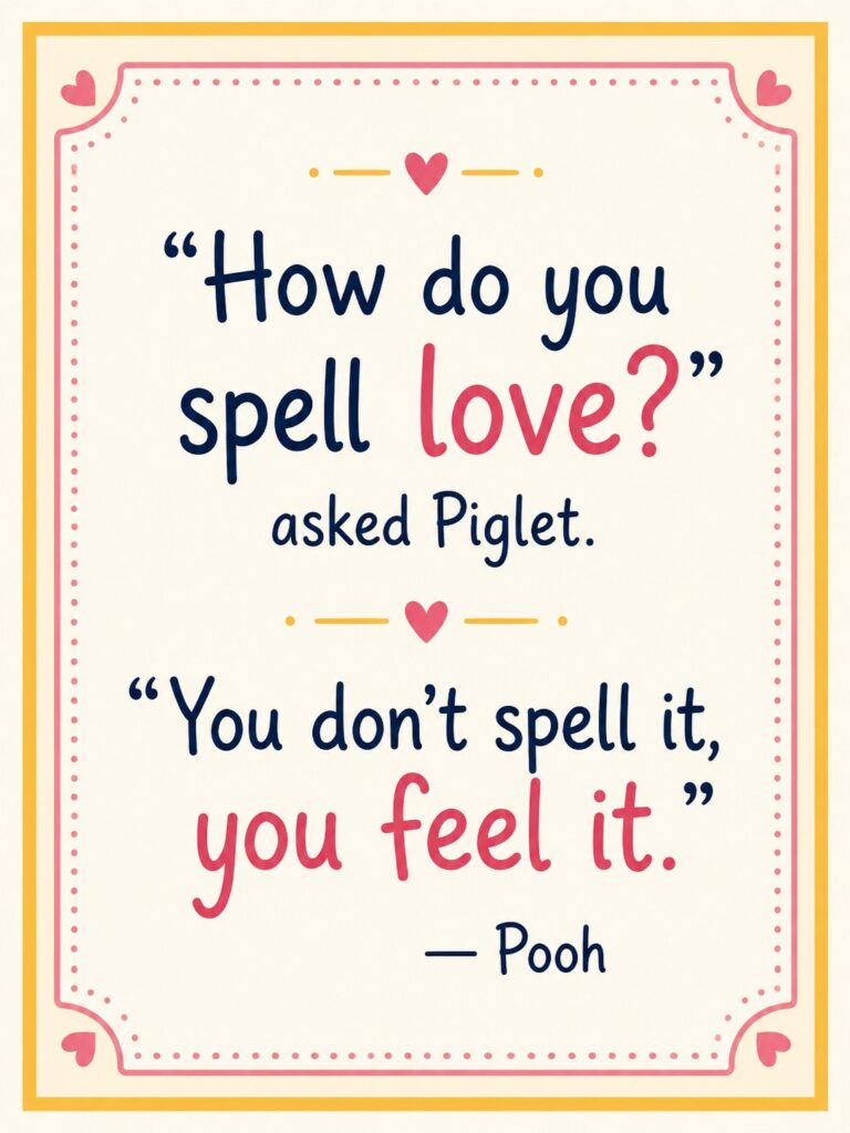 Quote: How do you spell love? asked Piglet. You don't spell it, you feel it. Pooh